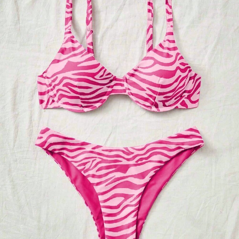 Pink Women's Allover Print Spaghetti Strap Bikini Suit Set